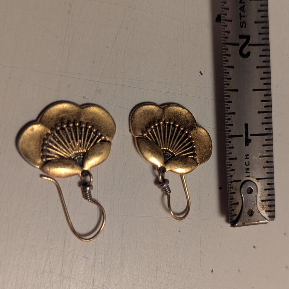 Vintage Laurel Burch Plum Blossom Dangle Drop Goldtone Earrings - Picture 3 of 9